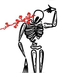 a drawing of a skeleton holding a piece of paper with flowers in it's mouth