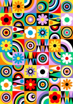 an abstract pattern with flowers and circles