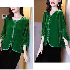 Trendy Fashion Chinese Lady Velvet Blouse Top Shirt Puff Balloon Sleeve Ethnic Retro Green Chic, Women's Top Mode Kimono, Velour Tops, Dress Stand, Half Sleeve Tops, Velvet Blouses, Collar Tshirt, Comfy Tops, Green Button, Sleek Fashion