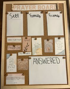 a bulletin board with notes and magnets attached to it that says, prayer board