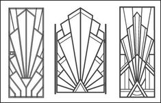 three art deco glass panels, each with different geometric shapes and lines in black and white