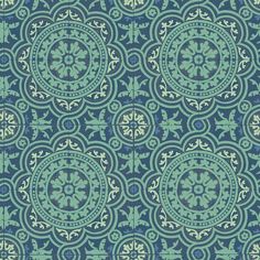 a blue and green wallpaper with an ornate design