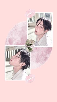 an image of a man with flowers in his hair and the moon behind him is pink