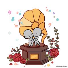 two cartoon characters are hugging each other on top of a table with flowers around it