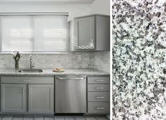 a kitchen with granite counter tops and stainless steel appliances in the same color as the cabinets