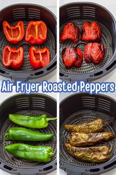 four different types of peppers cooking in an air fryer