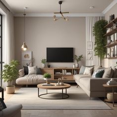 a living room filled with furniture and a flat screen tv mounted to the side of a wall