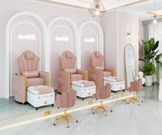 a room filled with lots of pink chairs next to a white table and chair on wheels