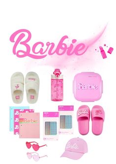 the contents of a barbie doll's wardrobe including shoes, sunglasses and other items