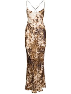 Straps crisscross at back. Back self-tie closure. All over print placement may vary. Model is wearing a size38 Brown Satin Dress, Chenille Dress, Robert Cavalli, Roberto Dress, Printed Satin Dress, Back Back, Silk Print Dress, Appaloosa, Black Sheath Dress