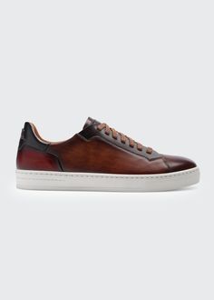 Magnanni Men's Burnished Leather Low-Top Sneakers - Bergdorf Goodman Luxury Calf Leather Sneakers With Stitched Sole, Brown Business Sneakers With Contrast Sole, Business Sneakers In Calf Leather With Plain Toe, Classic Brown Sneakers With Abzorb Midsole, Leather Cap Toe Sneakers With Rubber Sole, Brown Business Sneakers With Rubber Sole, Classic Business Sneakers With Leather Lining, Leather Cap Toe Sneakers With Leather Sole, Business Cap Toe Sneakers With Leather Sole