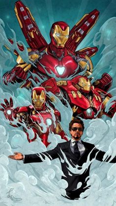 a man in a suit and tie standing next to an image of iron man with his arms out