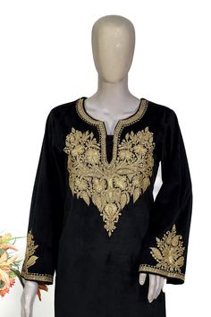 Style up with this elegant Suede velvet kurta with Kashmiri Tilla embroidery. Pair this Tunic Top Kurta with a skirt, trousers, jeans, jeggings, dhoti or any other bottom and be ready in style. - - - - - - - - - - - - - - - - - - - -  Product Details - Condition: Brand New (Made to Order) - Fabric: Suede Velvet - Colour: Black - Embroidery: Tilla Work - Embroidery Colour: Dull Gold - Sleeve Length: 22" (56 cm) approx. | Can be customized - Length: 40" (102 cm) approx. | Can be customized - Care Traditional Semi-stitched Velvet Kurta, Traditional Velvet Kurta With Zari Work, Embroidered Long Sleeve Kaftan For Diwali, Long Sleeve Embroidered Kaftan For Diwali, Diwali Embroidered Long Sleeve Kaftan, Traditional Velvet Straight Kurta, Traditional Embroidered Top For Eid, Traditional Embroidered Top For Eid Designer Wear, Traditional Long Sleeve Velvet Wear