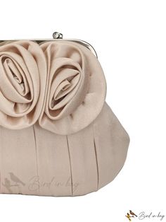 Bird in Bag - Silk Pleated Flower and Chain Shoulder Bag - Perfect for Any Occasion Elegant Spring Flower-shaped Bag, Chic Flower-shaped Evening Bag, Chic Flower-shaped Evening Bag For Formal Occasions, Chic Floral Evening Bag For Formal Events, Chic Formal Flower-shaped Evening Bag, Ruched Bag, Chain Shoulder Bag, Bird In Bag, Apricot