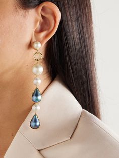 Pacharee carefully selects each pearl and incorporates the natural shapes into the jewelry, so that "every curve, bump and nook are celebrated" - these earrings feature a combination of white and blue versions for interest. They're made from gold-tone metal and dangle to a jaw-skimming length. Luxury Drop Pearl Earrings, Luxury Long Drop Pearl Earrings, Elegant Drop Earrings With High Luster, Luxury Long Drop Pearl Drop Jewelry, Elegant Blue Jewelry With High Luster, Elegant High Luster Drop Earrings, Elegant Blue High Luster Jewelry, Elegant Briolette Earrings With High Luster, Elegant Blue Pearl Drop Earrings