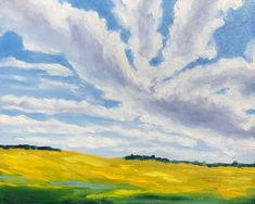 an oil painting of a field with clouds in the sky