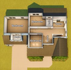 an aerial view of a three bedroom house