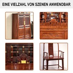 four different types of wooden furniture in various styles and sizes, including an arm chair