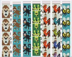 four cross stitch bookmarks each with different characters on them, all in different colors