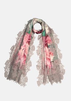 Immerse yourself in a world of romance and charm with this roses print scarf. The scarf features a delightful print of delicate roses, adding a touch of whimsy and elegance to your ensemble. Crafted from a blend of wool and silk, it offers a luxuriously soft and smooth feel against your skin. The scarf is further adorned with a sienna-colored floral lace border, showcasing intricate details and a graceful feminine flair. Wrap yourself in beauty and grace whilst keeping comfortably warm. Pink Feminine Floral Print Scarves, Pink Floral Print Feminine Scarves, Feminine Pink Floral Print Scarves, Elegant Pink Floral Print Scarves, Elegant Floral Print Wedding Scarves, Elegant Multicolor Floral Print Shawl, Beauty And Grace, Roses Print, Lace Border