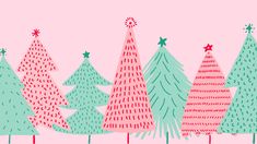 a group of christmas trees on a pink background