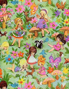 an image of children playing in the grass with animals and flowers on it's green background