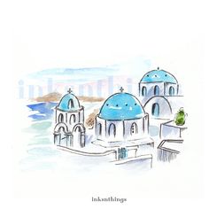 watercolor and ink drawing of blue domed buildings on the coast with sea in background