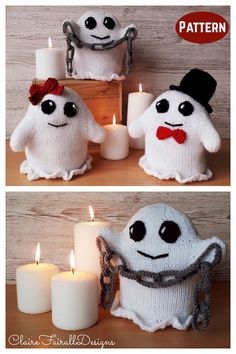 two knitted ghost dolls with candles in front of them, one is wearing a hat and the other has a bow tie