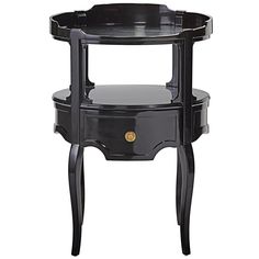 a black side table with two drawers on one end and an open drawer on the other