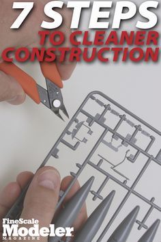 a person is using scissors to cut the outline for a model house with text that reads, 7 steps to cleaner construction