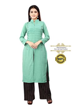 Indian Woman Handmade Party Wear Stylish Designer Casual & Office Wear Fully Stitched Sea-Green Kurti- Kurta For Girls. Kurti Straight, Green Kurti, Casual Office Wear, Long Kurta, Designer Kurti, Straight Kurta