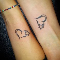 two small tattoos on the arms of girls with stars and crescent moon tattoo designs for couples