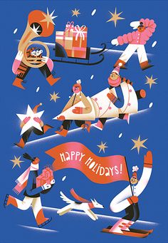 an image of happy holidays greeting card with cartoon characters and gifts on sleighs