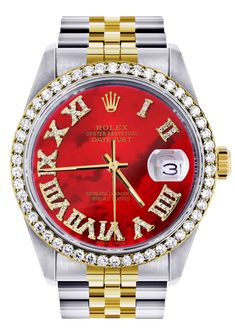 Gold & Steel Rolex Datejust Watch 16233 for Men | 36Mm | Diamond Red Roman Dial | Jubilee Band Custom Rolex, Diamond Red, Gold Earrings For Men, Mens Diamond Bracelet, Rolex Women, Fancy Watches, Red Watch, Diamond Watches For Men