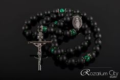 Catholic gemstone rosary, black shungite and green rhinestone prayer chaplet as a pastor or godson baptism gift idea Black Cross Rosary As Gift, Handmade Black Rosary Bracelet For Gift, Handmade Black Rosary Bracelet Gift, Black Crucifix Rosary Bracelet As Gift, Spiritual Black Rosary Bracelet Gift, Black Crucifix Rosary As Gift, Black Rosary Bracelet With Gemstone Beads As Gift, Gift Black Rosary With 8mm Beads, Handmade Black Cross Rosary Bracelet