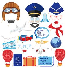 an assortment of air travel related items including hats, glasses, and other things on a white background