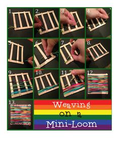 the instructions for weaving on a mini loom are shown in several different pictures, including one