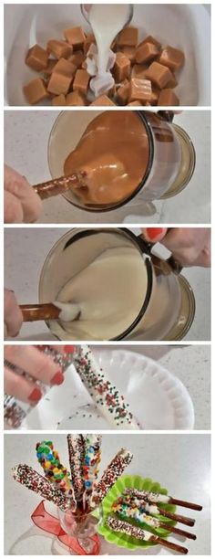 the process for making candy sticks is shown in three different stages, including being dipped with chocolate