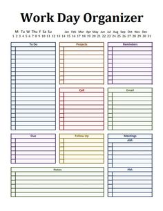 the work day organizer is shown in this printable version, which includes several tasks