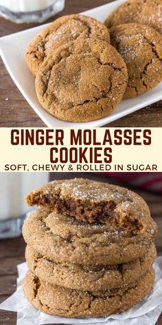 cookies stacked on top of each other with the words soft and chewy ginger molasse cookies