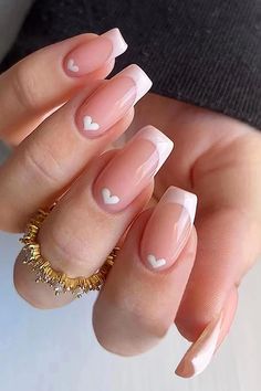 White French Tip Press on Nails with heart pattern French Tip Nail Designs, Square Nail Designs, French Nail Designs, Classy Acrylic Nails