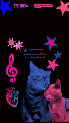 two cats sitting next to each other on a black background with stars and music notes