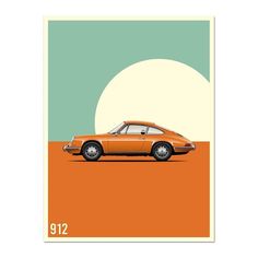 an orange car is parked in front of the sun on a green and orange background