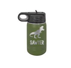 a green water bottle with a dinosaur on it