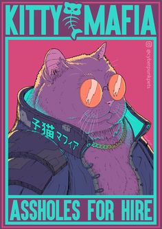 a purple cat wearing a blue jacket with the words kitty mafia on it