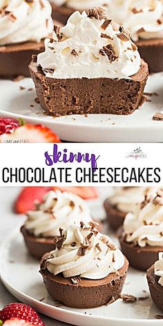 chocolate cheesecakes with whipped cream on top and topped with strawberries in the background