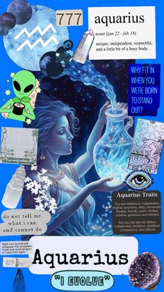 an advertisement for aquarius on the side of a blue background with images and words