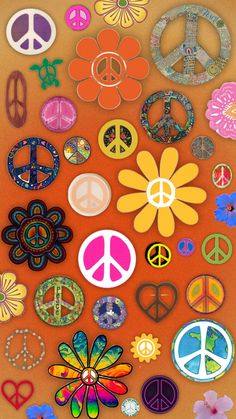 an orange background with many different colored peace signs and flowers in the shape of flower petals