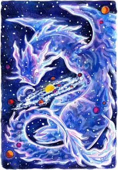 a painting of a dragon in space with stars and planets on it's back