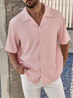 Pink Casual Collar Short Sleeve Woven Fabric Plain Shirt Embellished Slight Stretch  Men Plus Size Clothing Men Going Out Outfit, Moroccan Outfit, Sleeve Shirt Outfit, Pastel Shirt, Formal Men Outfit, Wedding Outfit Men